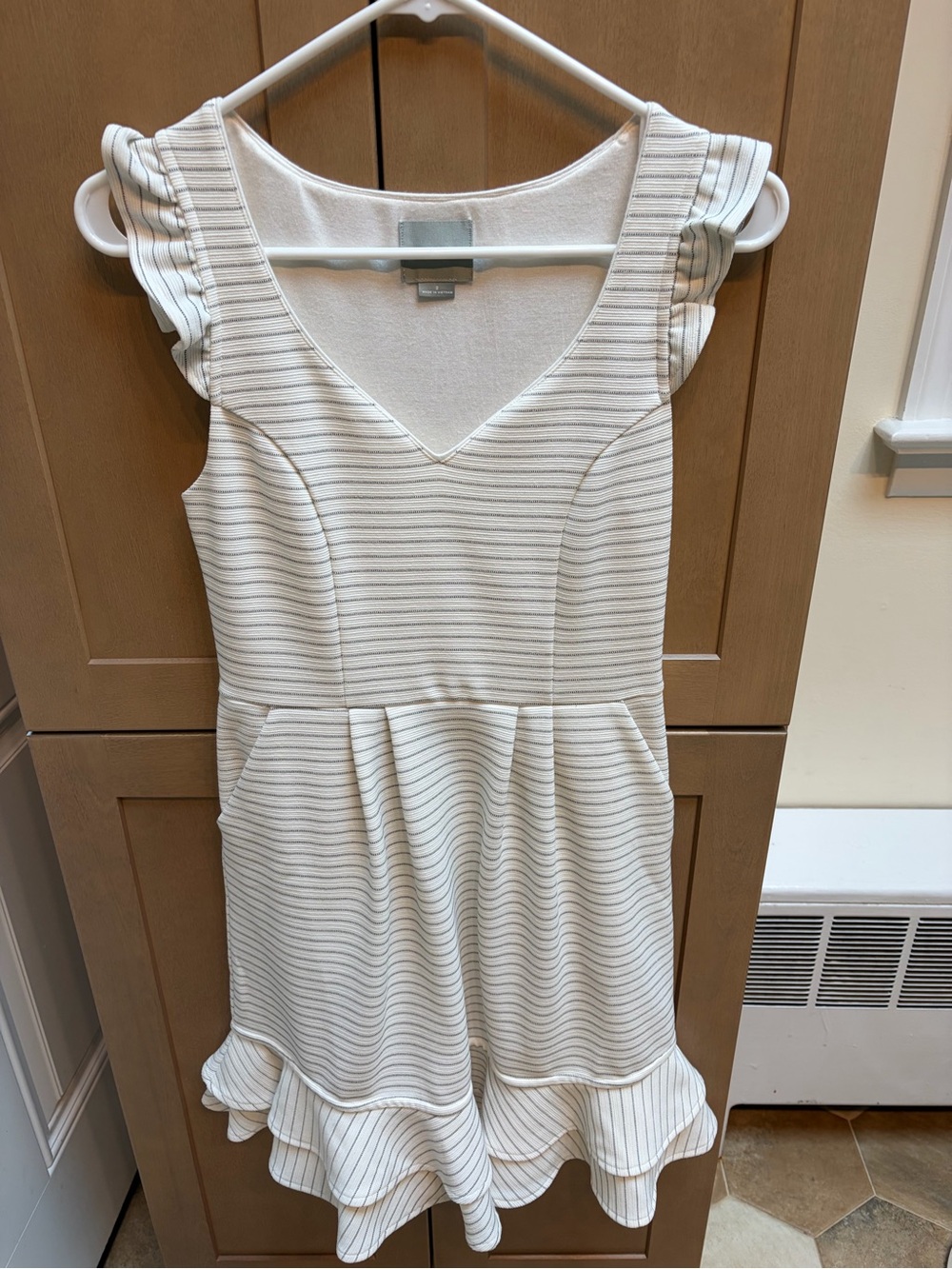 Maeve Cream and Light Gray Striped Ruffle Hem Mini Dress